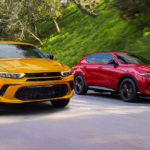 a red and yellow 2024 Dodge Hornet