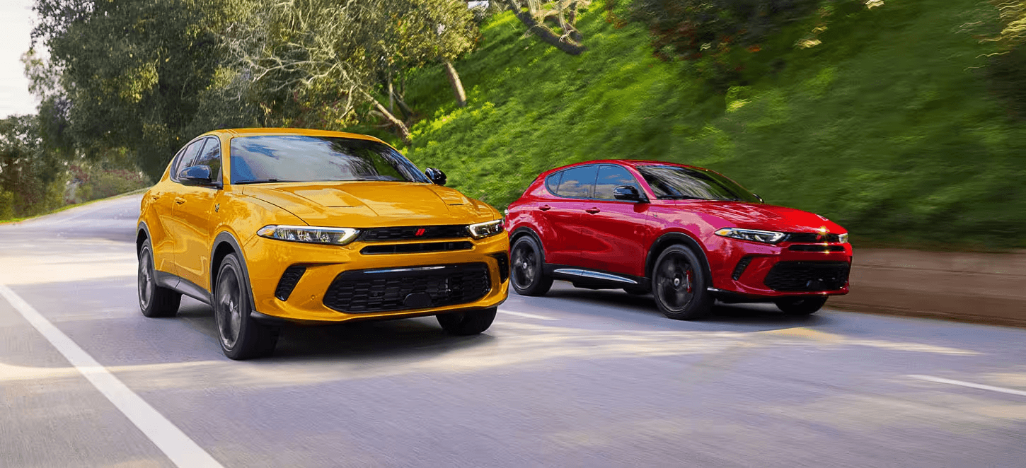 a red and yellow 2024 Dodge Hornet