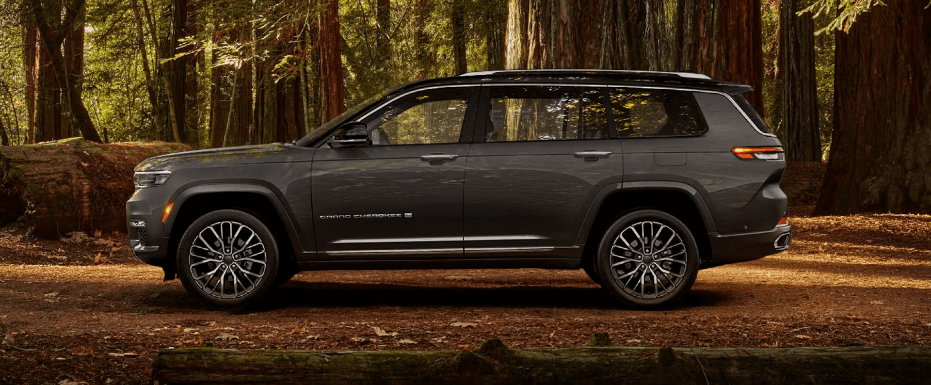Dark gray 2024 Jeep Grand Cherokee in woods