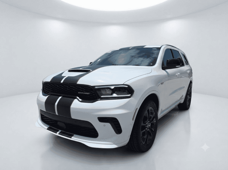 White Dodge Durango GT with black and red racing stripes