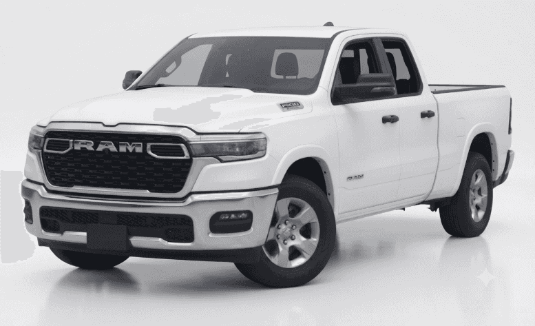 White Ram 1500 pickup truck in studio lighting