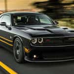 Black Dodge Challenger muscle car with gold racing stripes driving on an open highway at sunset, with blurred trees in the background.