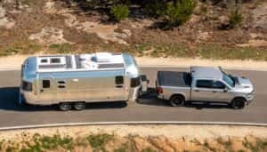 Silver Dodge Ram 1500 pulling a silver camper