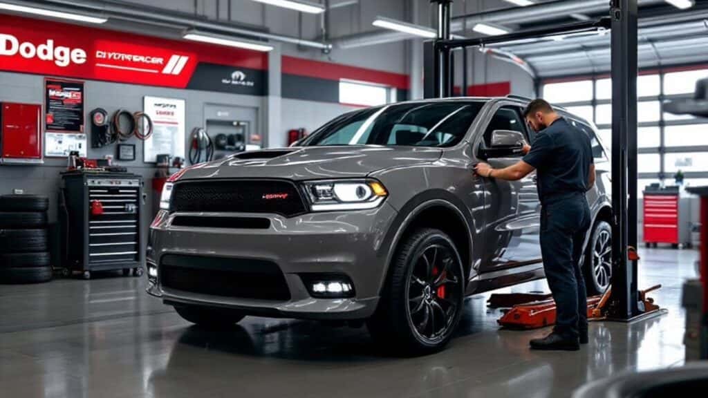 Dodge SUV in a service bay being worked on by a technician