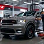 Dodge SUV in a service bay being worked on by a technician