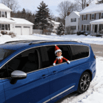 blue Chrysler Pacifica with elf on the shelf in the window