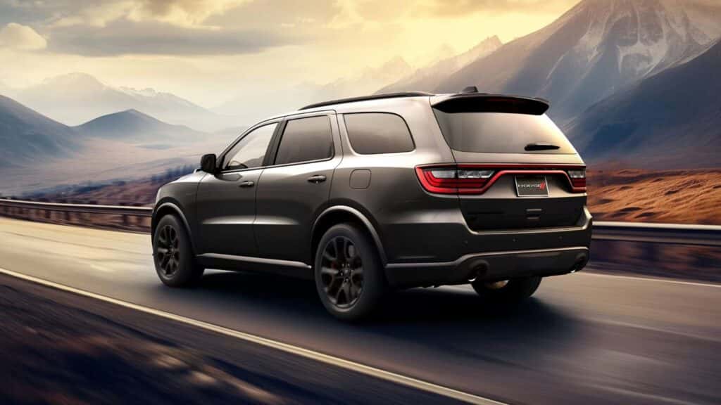 Dodge Durango on road that is in the mountains during the day.