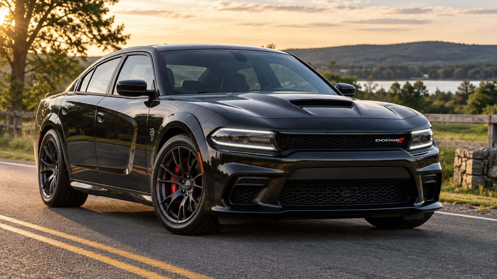 Black Dodge Charger on road in new england setting