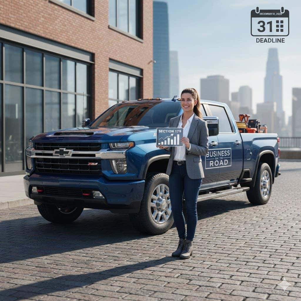 Woman standing with placard in front of Chevy Truck