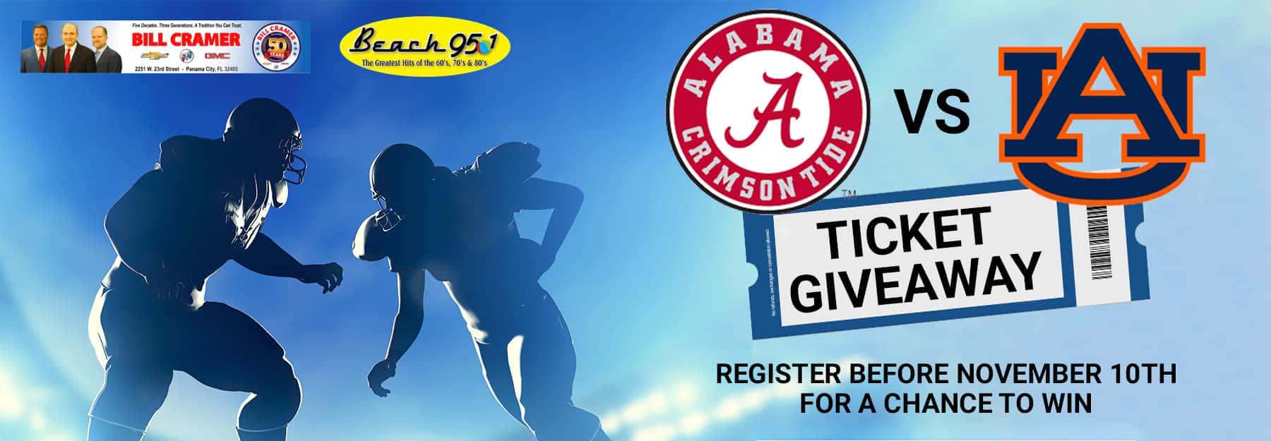 Win Tickets to Alabama vs. Auburn on 11/27 Bill Cramer & Beach 95.1