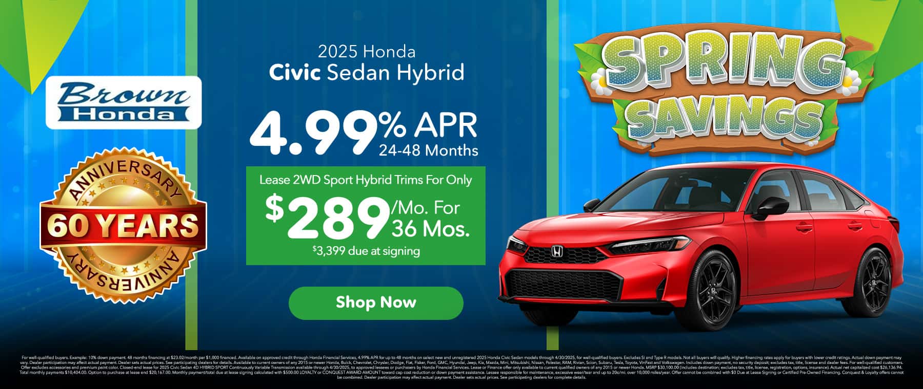 2025 Honda Civic Sedan Hybrid, 4.99% APR for 24-48 months, Lease 2WD Sport Hybrid for $289/Mo for 36 Months
