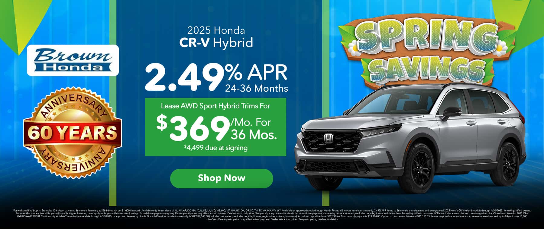2025 Honda CR-V Hybrid, 2.49% APR for 24-36 months, Lease AWD Sport for $369/Mo for 36 Months