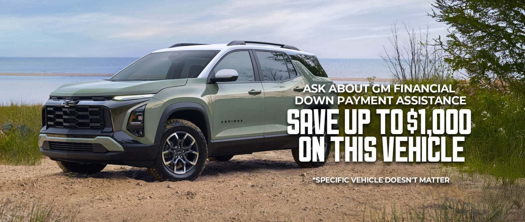 ASK ABOUT GM FINANCIAL DOWN PAYMENT ASSISTANCE SAVE UP TO$1,000 ON THIS VEHCLE *SPECIFIC VEHICLE DOESN'T MATTER