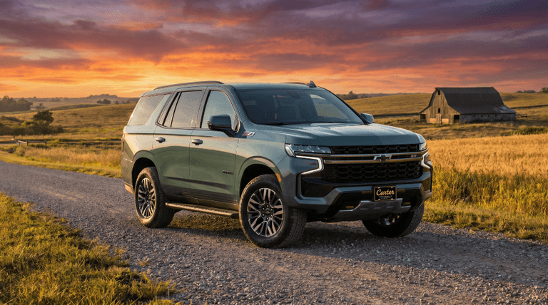 Chevrolet Tahoe full-size SUV in black at golden hour, front three-quarter view