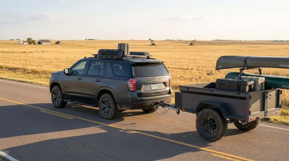 2026 Chevrolet Tahoe Z71 in dark gray towing a trailer on a rural Oklahoma highway