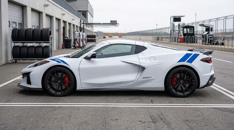 2027 Chevrolet Corvette Grand Sport wide-body profile with heritage stripes