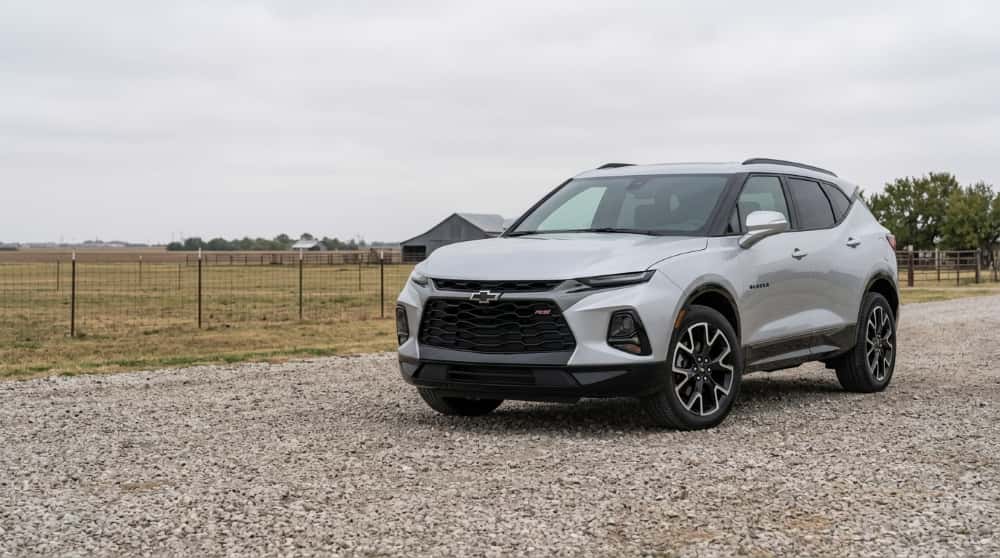Silver Chevrolet Blazer RS front three-quarter view on a gravel driveway near Okarche, Oklahoma