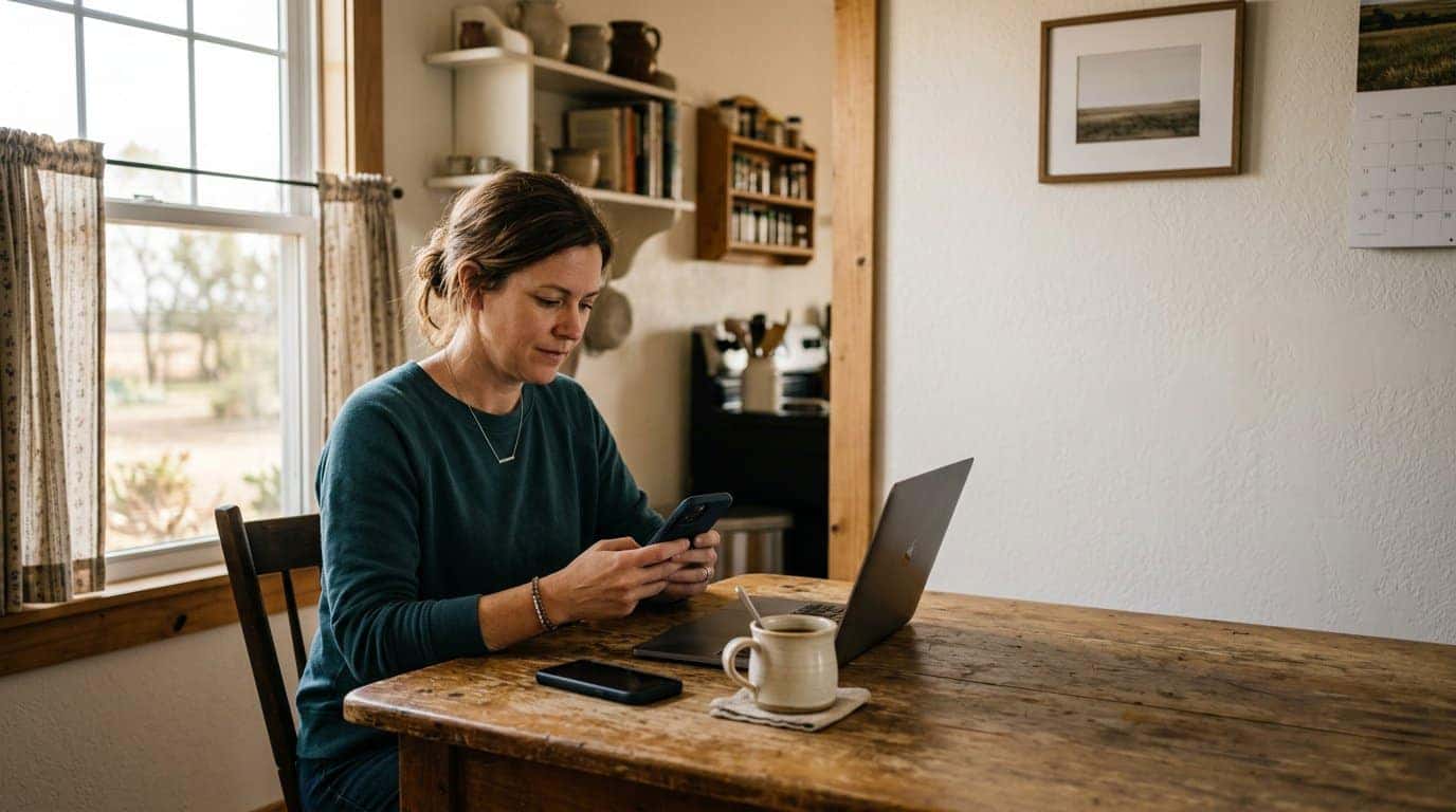 Person at a kitchen table in an Oklahoma farmhouse looking at a smartphone beside an open laptop