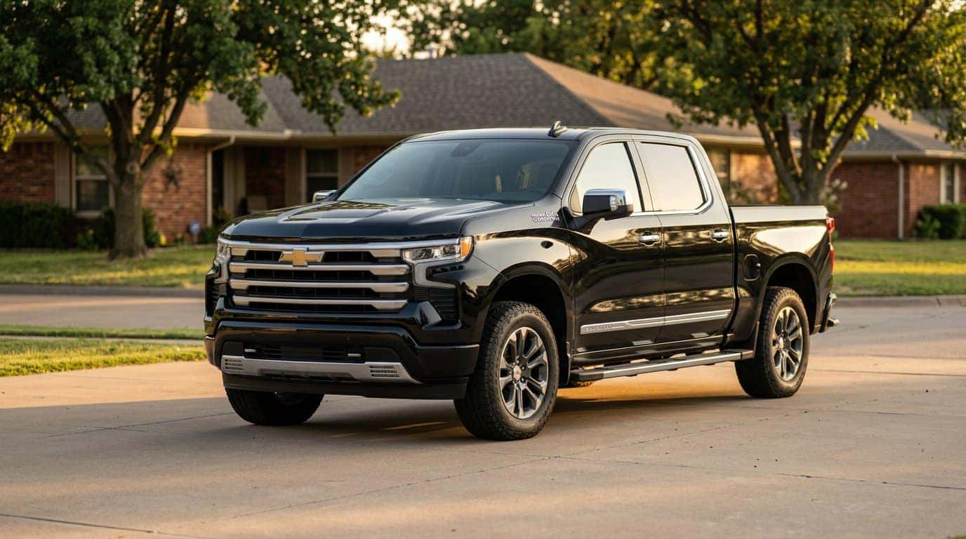 Black Chevrolet Silverado 1500 parked in a suburban Oklahoma City driveway at golden hour