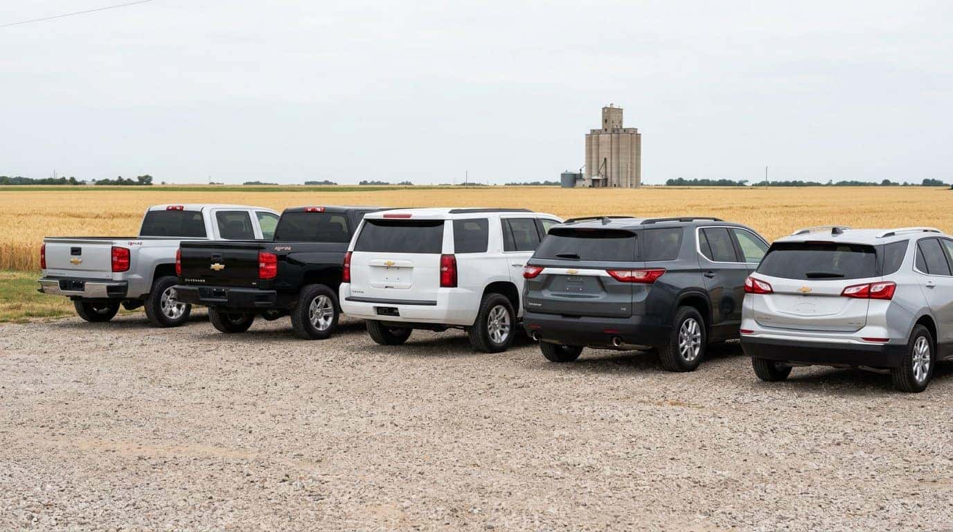 Row of used Chevrolet trucks and SUVs parked on a gravel lot beside an Oklahoma wheat field