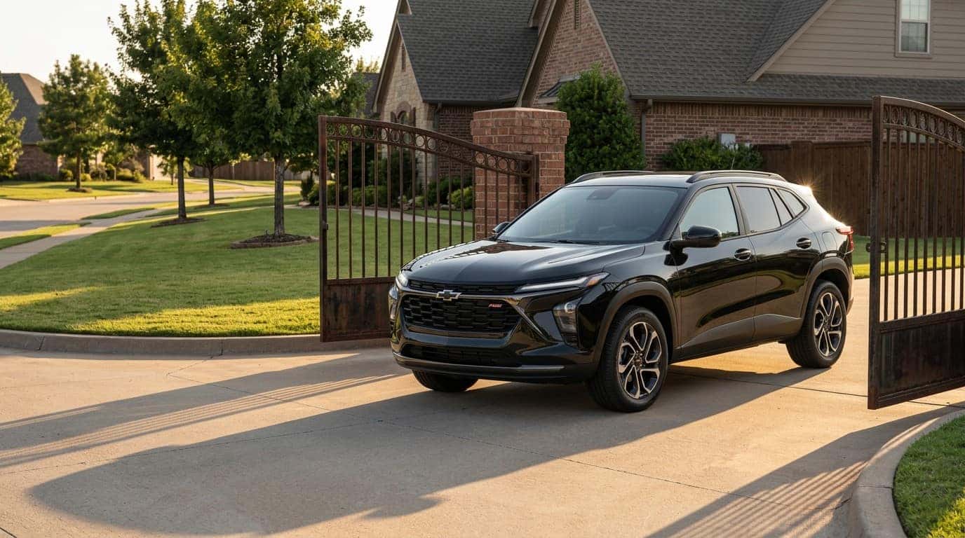 Chevrolet Trax parked outside a driveway gate in late afternoon light