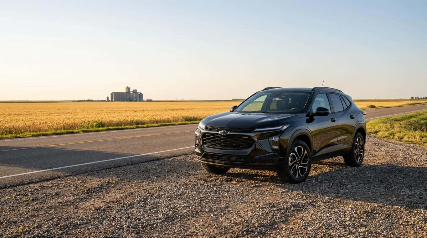 Chevrolet Trax parked on a rural road near wheat fields close to Kingfisher, Oklahoma