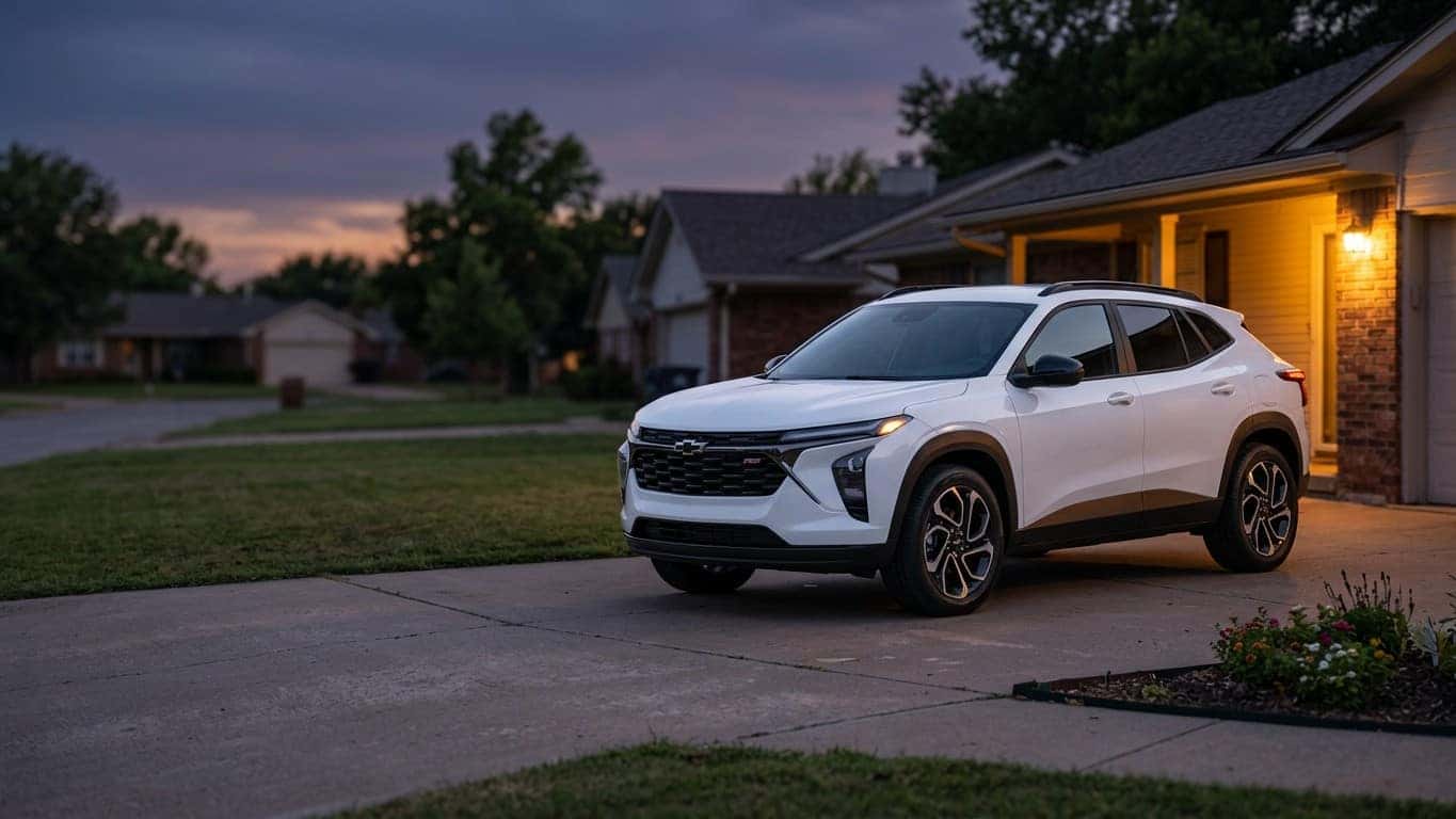 Chevrolet Trax parked in a residential driveway at dusk