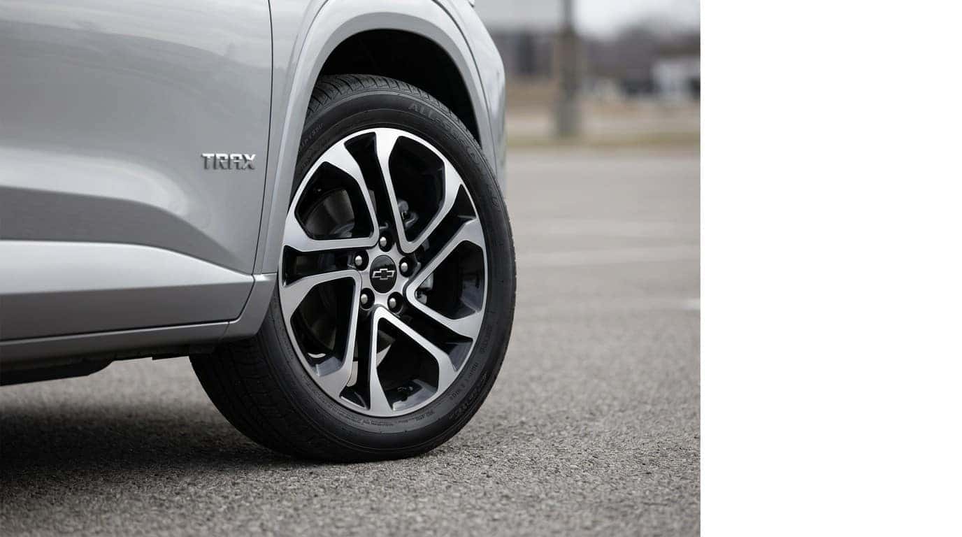 Close-up detail shot of a Chevrolet Trax wheel and body panel