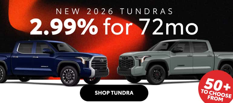 New 2026 Toyota Tundra financing offer: 2.99% APR for 72 months, with 50+ vehicles available. Includes a “Shop Tundra” button.