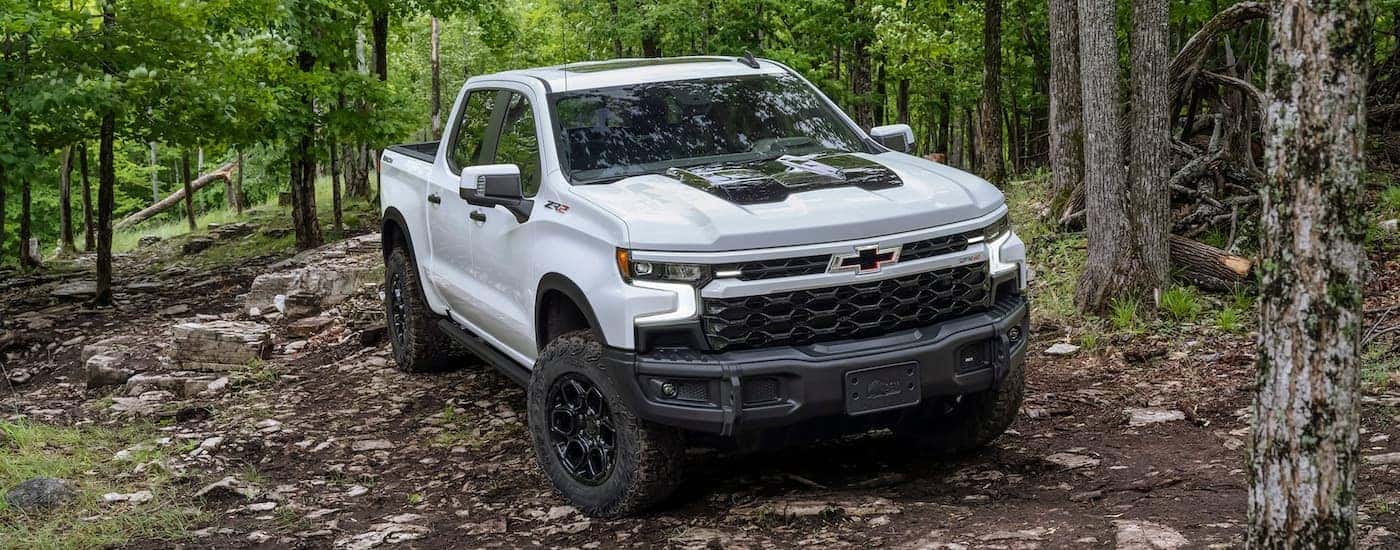A white 2023 Chevy Silverado 1500 ZR2 Bison is shown off-roading after checking out a Chevy Silverado for sale near Franklin, VA.