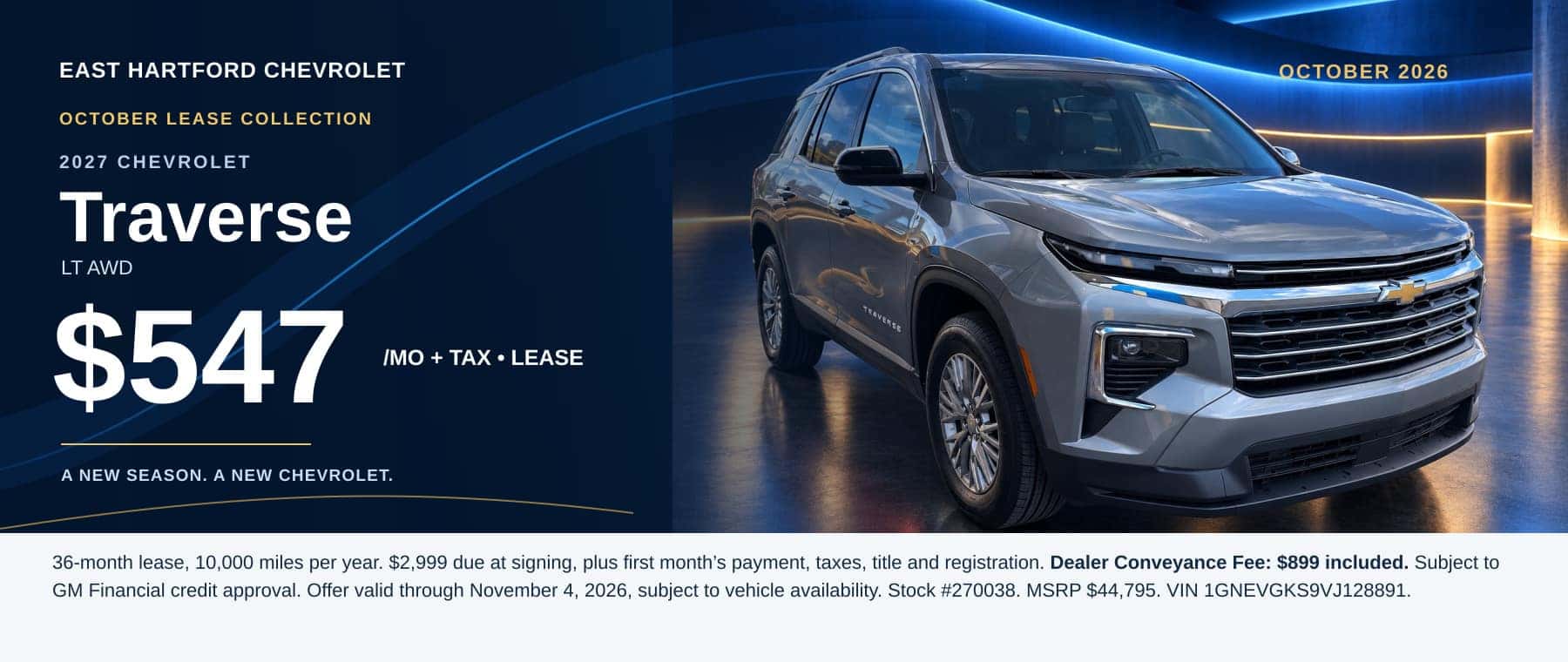 2027 Chevrolet Traverse LT AWD lease: $547 per month. $2,999 down plus first payment, tax, title and registration. See lease details.