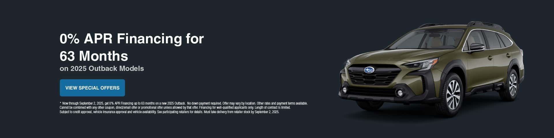 2025 Green Outback on a navy-blue background. 0% APR financing for 63 months