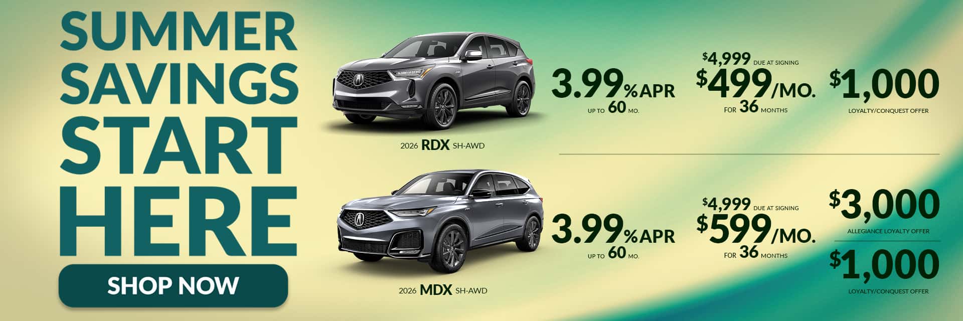 RDX, and MDX Sales Specials with APR, lease, and loyalty listed