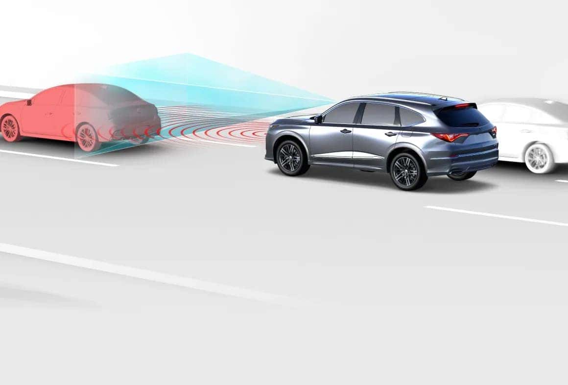 Graphic showing an Acura SUV's Collision Mitigation Braking System detecting a vehicle ahead on the road