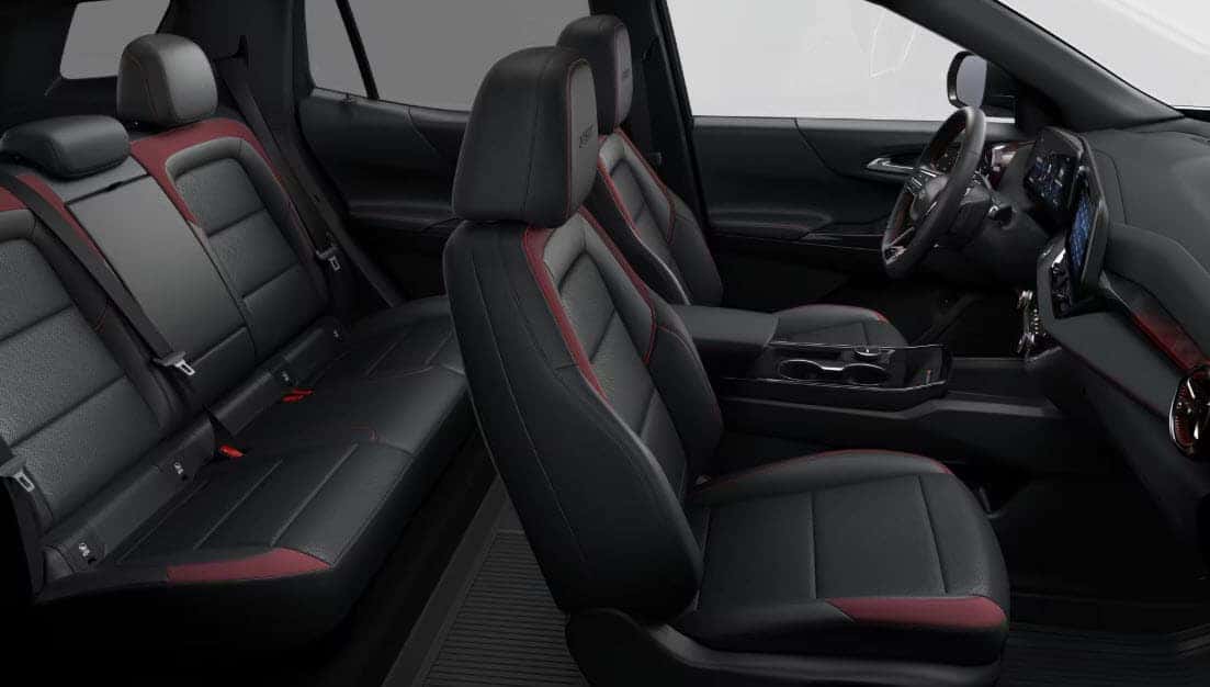 2025 Chevrolet Equinox interior with black and red leather seats and touchscreen display