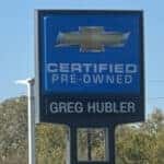 Greg Hubler Chevrolet Certified Pre-Owned sign outside the Camby IN dealership