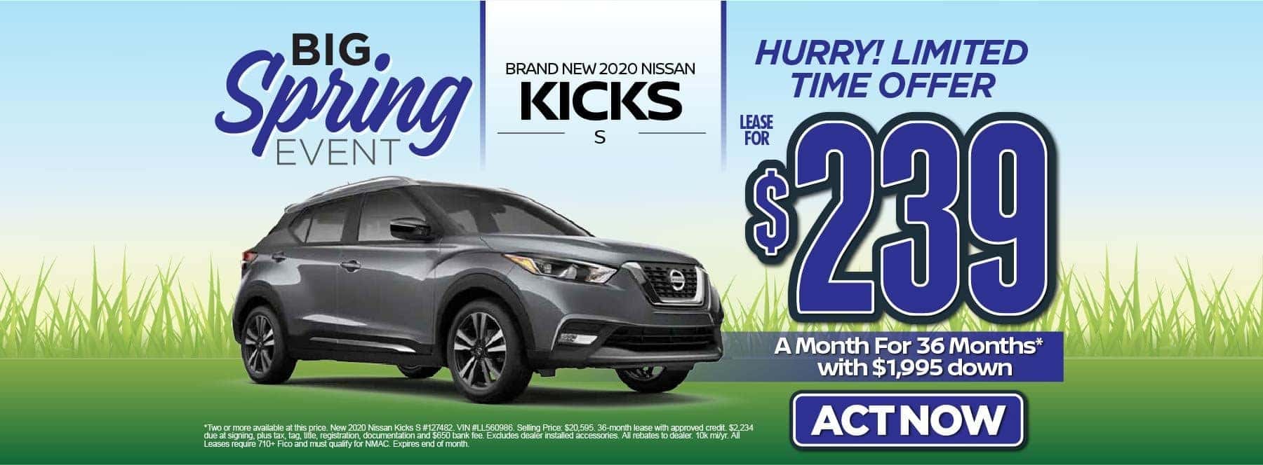 New 2020 Nissan Kicks S – Lease for $239/mo for 36 months with $1,995 Down* Act now.