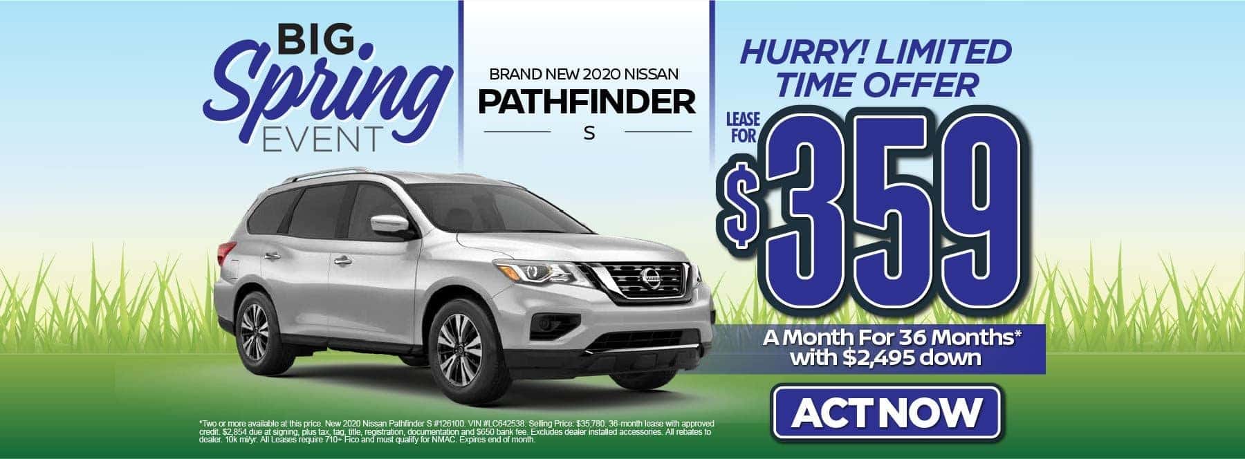 New 2020 Nissan Pathfinder S – Lease for $359/mo for 36 months with $2,495 Down* Act now.