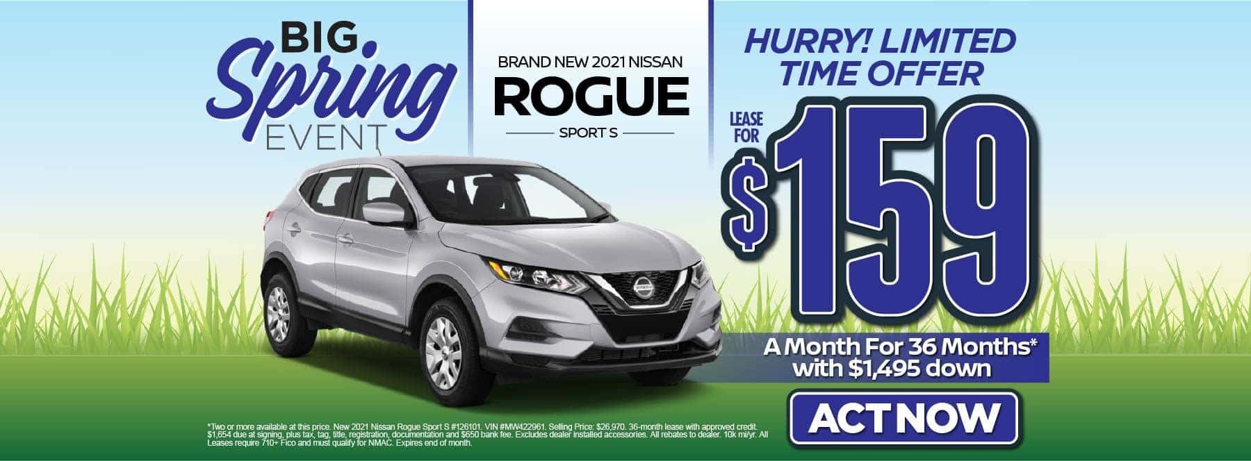 New 2021 Nissan Rogue Sport S – Lease for $159/mo for 36 months with $1,495 Down* Act now.