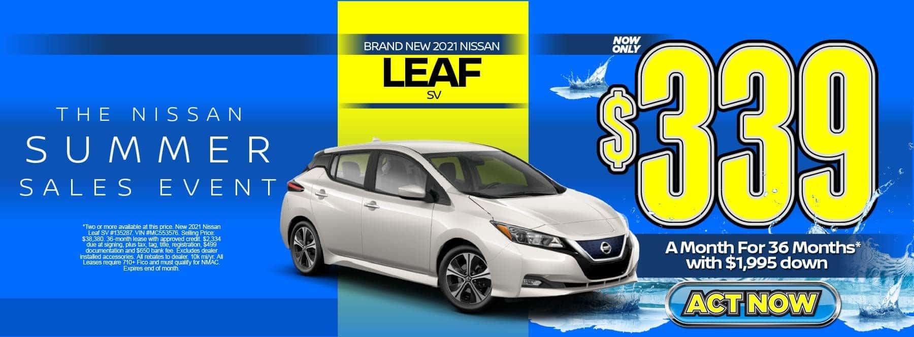 New 2021 Nissan Leaf SV – Lease for $339/mo for 36 months with $1,995 Down* Act now.