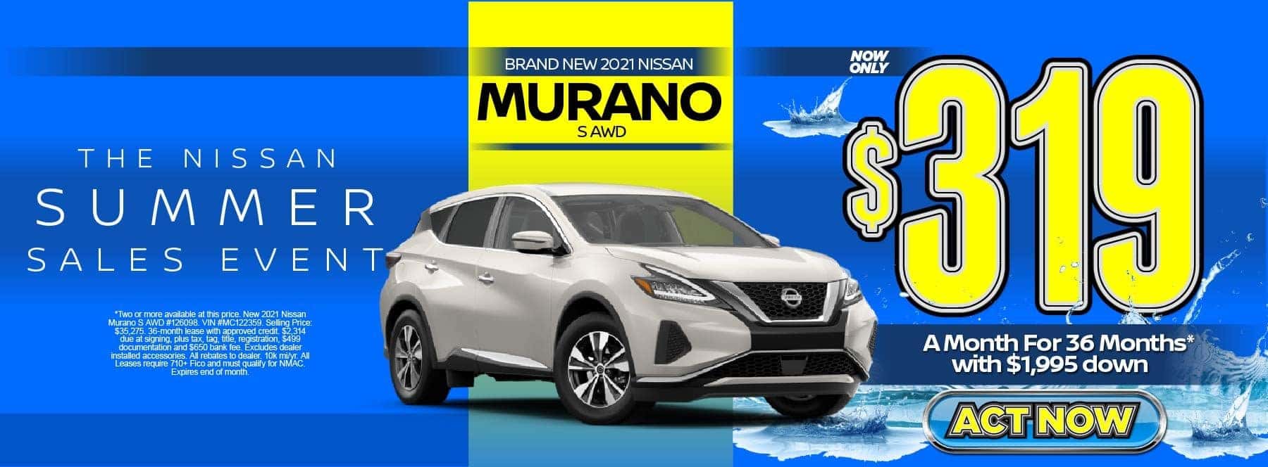 New 2021 Nissan Murano S AWD – Lease for $319/mo for 36 months with $1,995 Down* Act now.