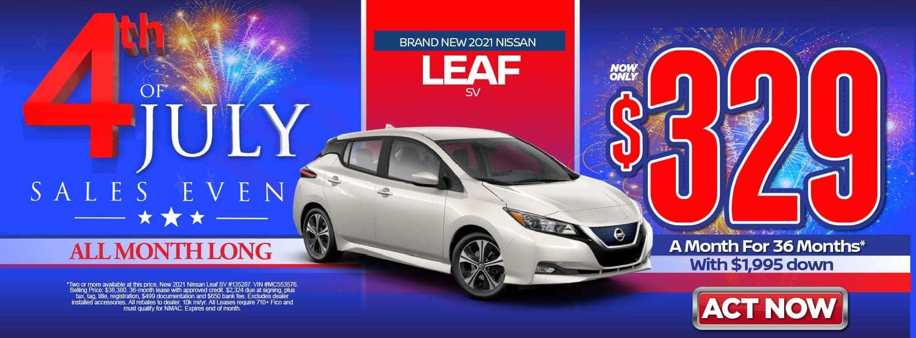 New 2021 Nissan Leaf SV – Lease for $329/mo for 36 months with $1,995 Down* Act now.
