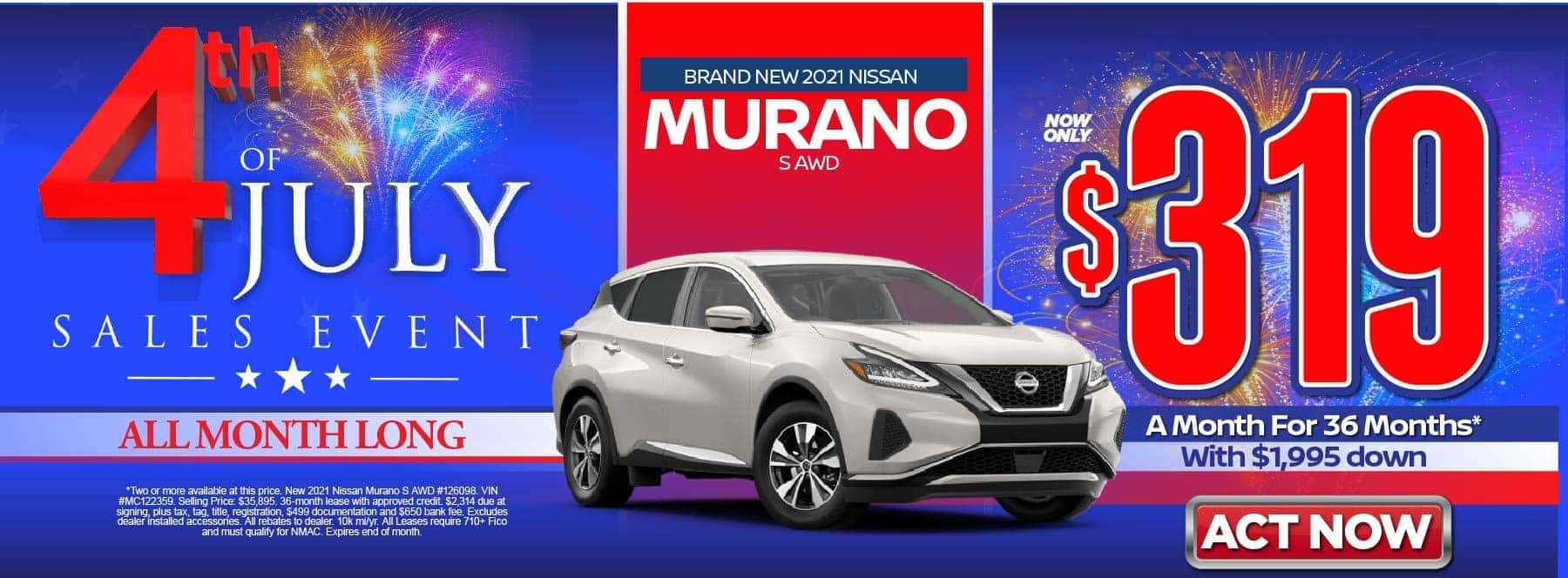 New 2021 Nissan Murano S AWD – Lease for $319/mo for 36 months with $1,995 Down* Act now.