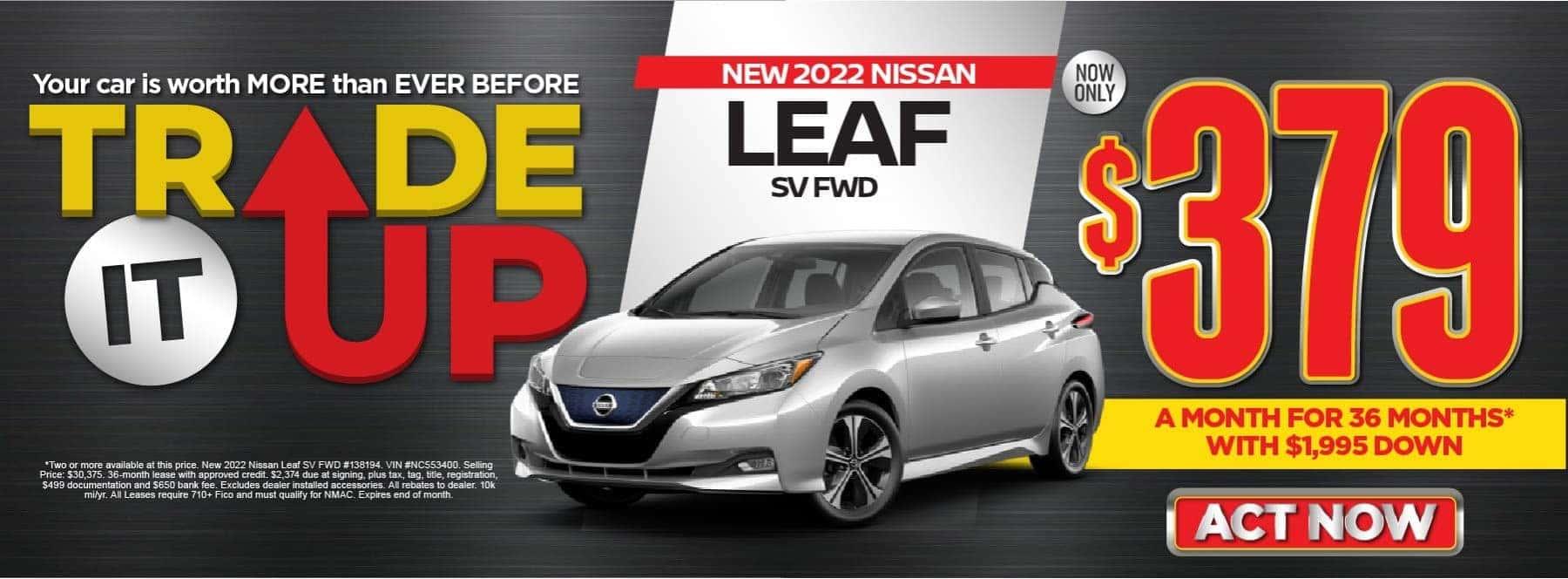 NEW 2022 NISSAN LEAF SV FWD $379/mo 36 months and $1,995 down