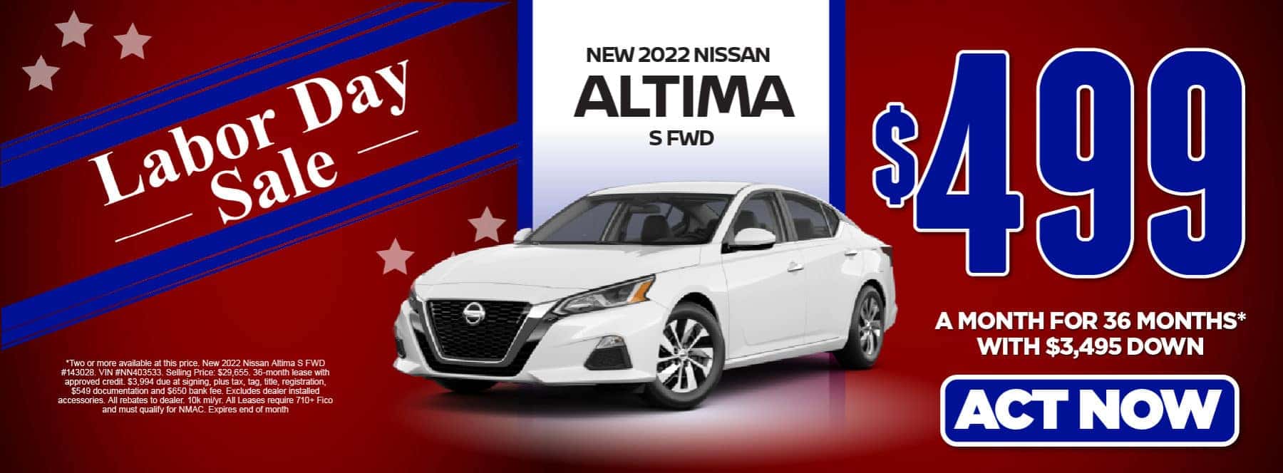 NEW 2022 NISSAN ALTIMA S FWD $499/mo 36 months and $3,495 down