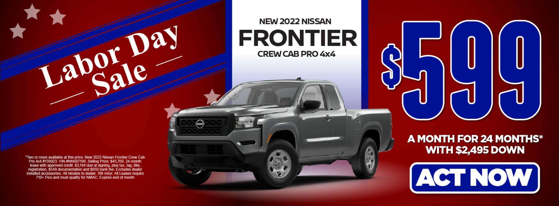 NEW 2022 NISSAN FRONTIER CREW CAB PRO 4x4 $599/mo 24 months and $2,495 down