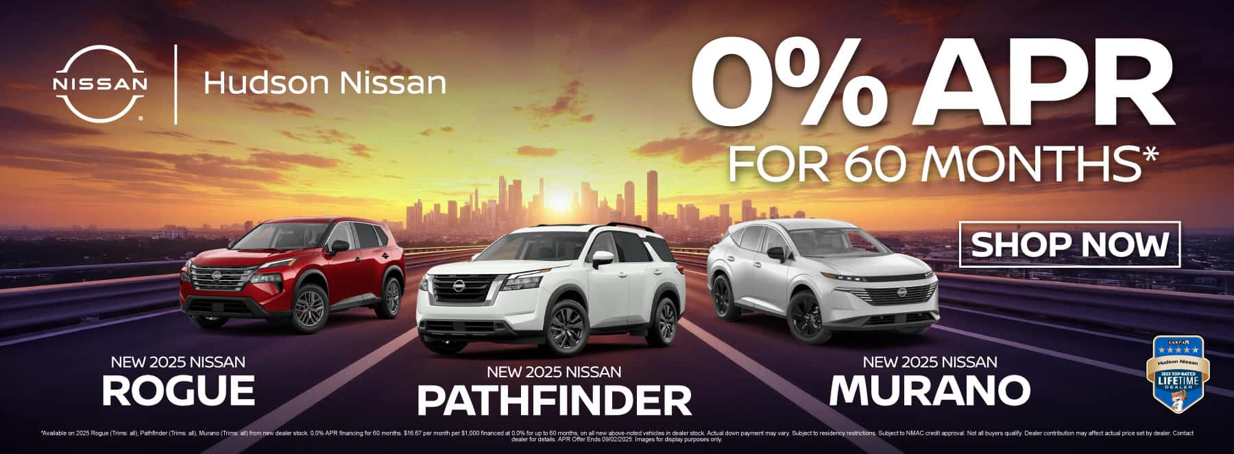 New 2025 Nissan Rogue, Pathfinder and Murano 0% APR for 60 Months*