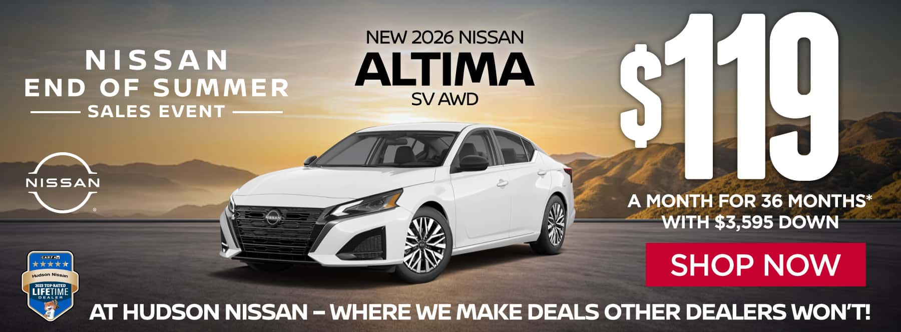 "New 2026 Nissan Altima SV AWD At Hudson Nissan - Where We Make Deals Other Dealers Won't" $119 a month for 36 months* with $3,595 down