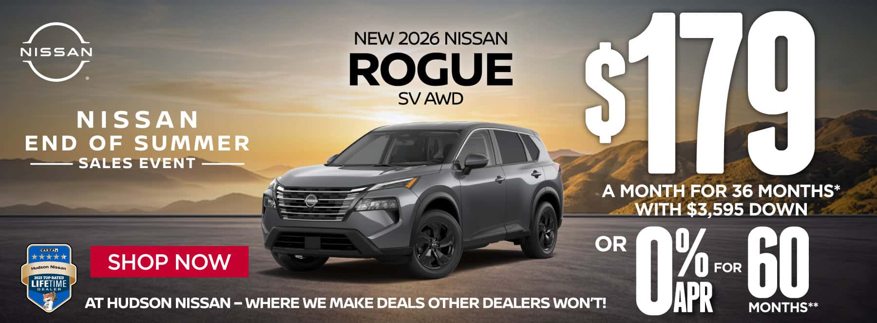 "New 2026 Nissan Rogue SV AWD At Hudson Nissan - Where We Make Deals Other Dealers Won't" $179 a month for 36 months* with $3595 down or 0% APR for 60 Months**
