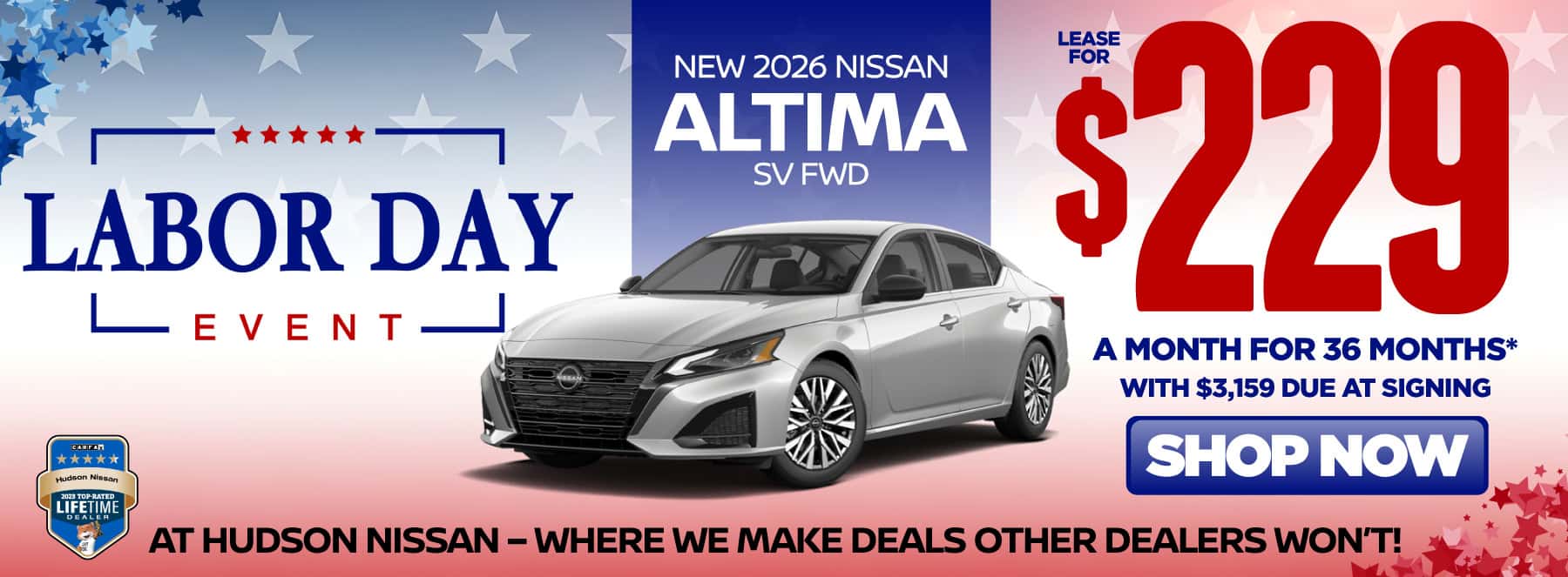 New 2026 Nissan Altima SV FWD Lease for $229 a month for 36 months* with $3,159 due at signing